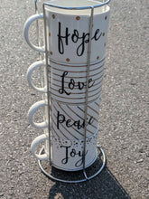 Load image into Gallery viewer, Pier 1 Holiday Stacking Coffee/Tea Cup Set w Holder Hope Love Peace Joy 9" White
